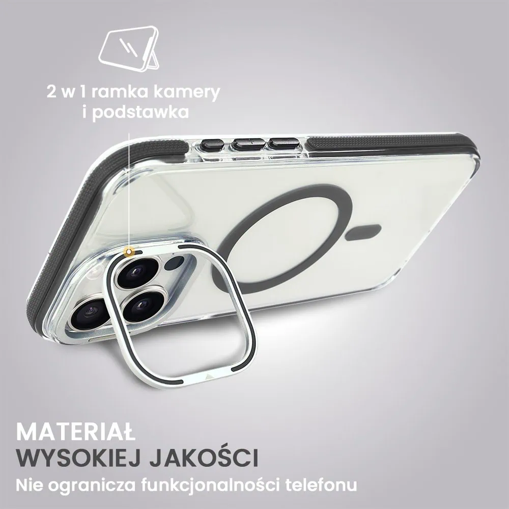 Etui do iPhone 15 Pro Max Hard Color MagSafe, twardy krystaliczny tył, z podstawką, szare