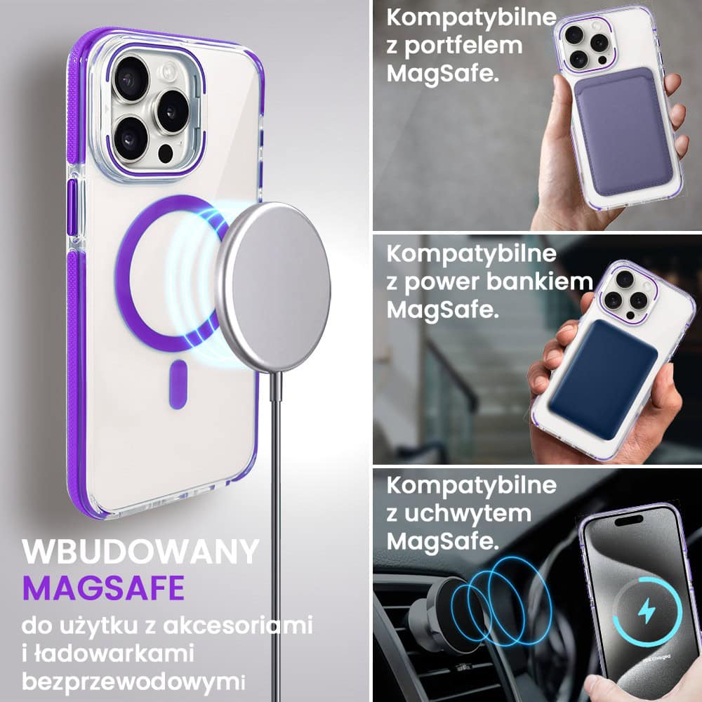 Etui do iPhone 15 Pro Max Hard Color MagSafe, twardy krystaliczny tył, z podstawką, purpurowe