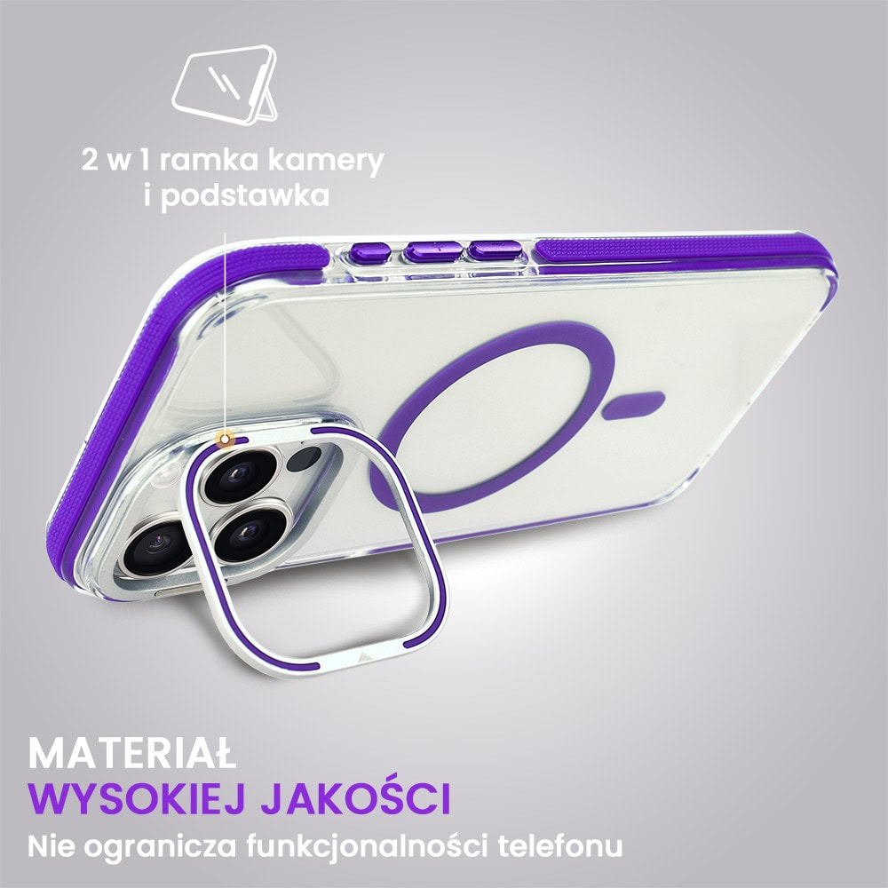 Etui do iPhone 15 Pro Max Hard Color MagSafe, twardy krystaliczny tył, z podstawką, purpurowe