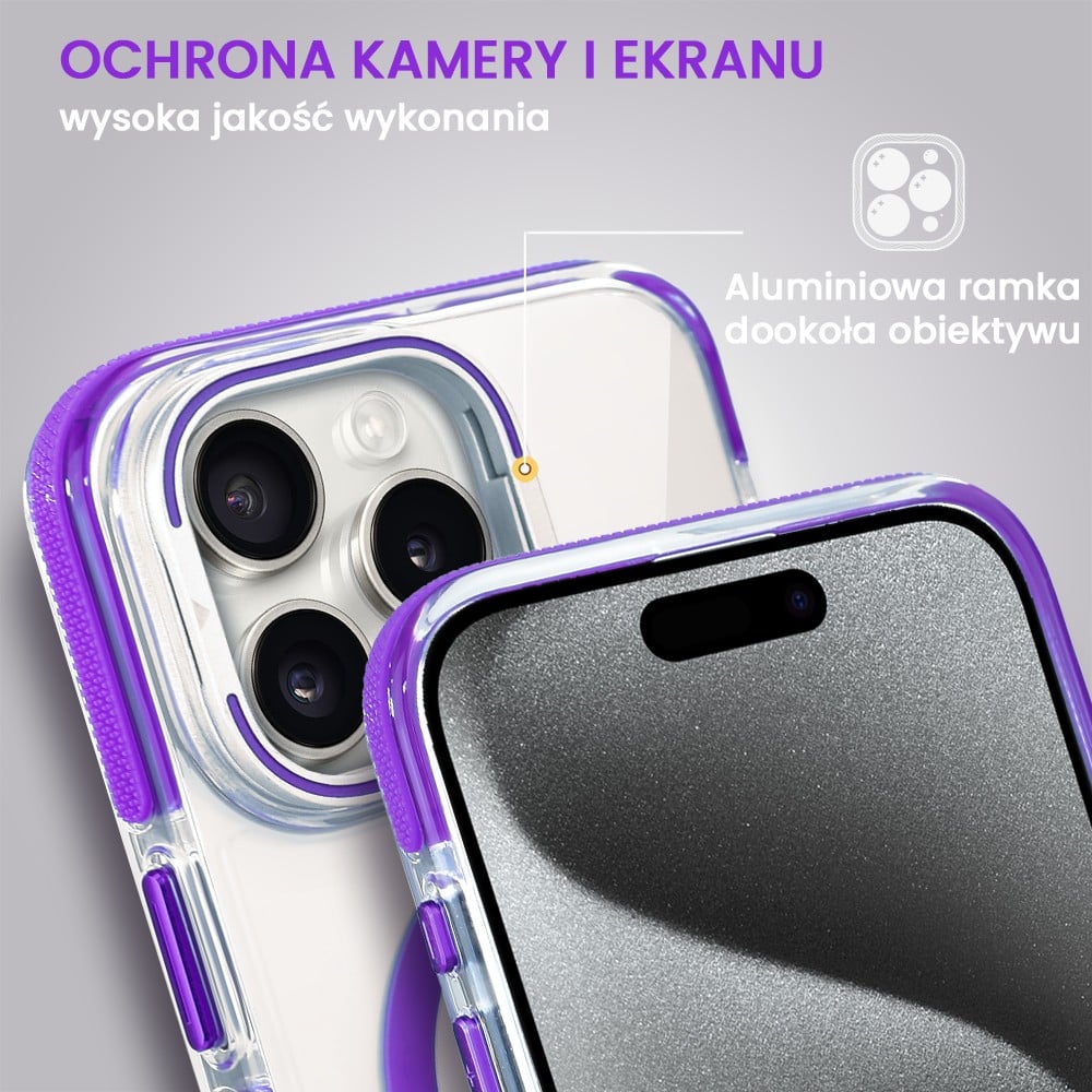 Etui do iPhone 15 Pro Max Hard Color MagSafe, twardy krystaliczny tył, z podstawką, purpurowe