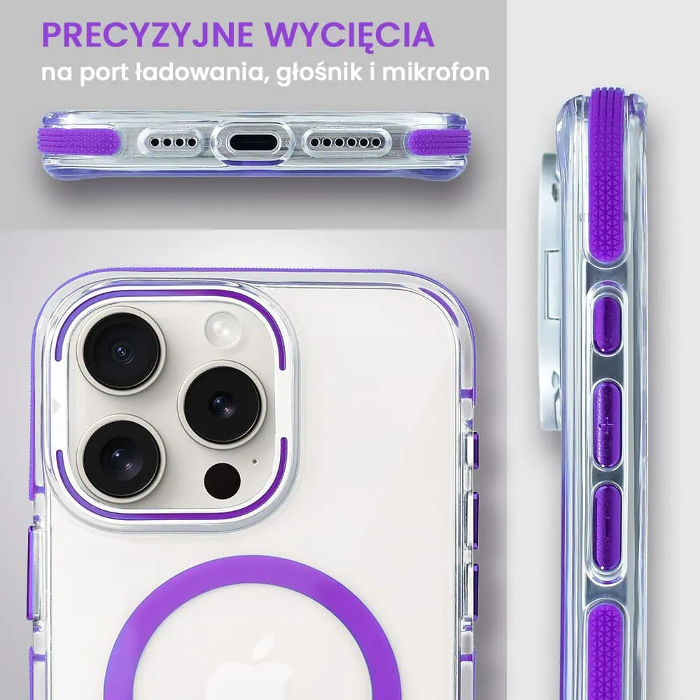 Etui do iPhone 15 Pro Max Hard Color MagSafe, twardy krystaliczny tył, z podstawką, purpurowe