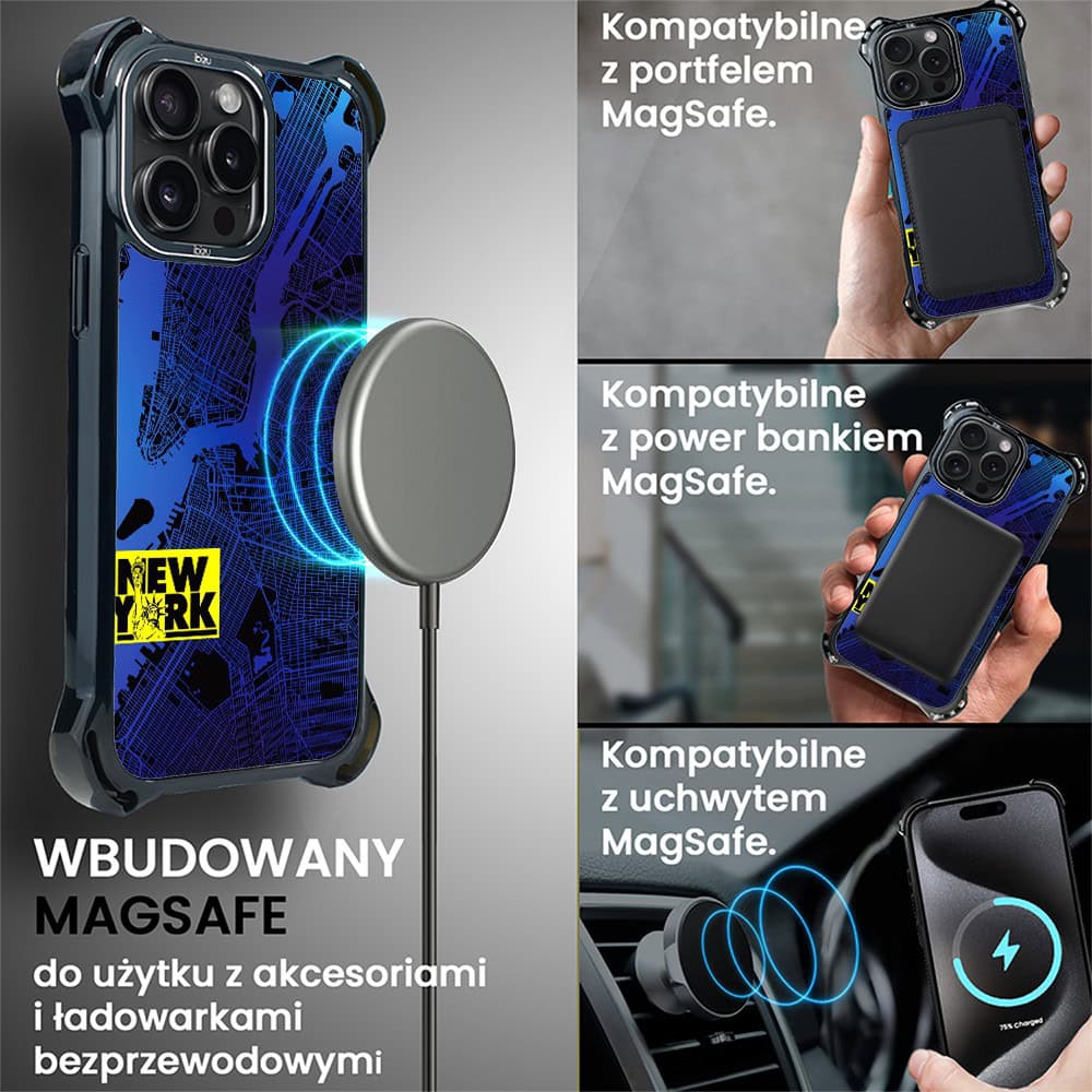 Etui do iPhone 15 Pro Max, Ibizu DropGuard Ultra z MagSafe, Mapy Świata, New York
