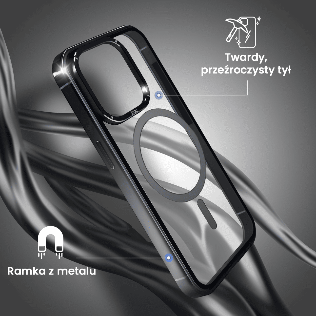 etui do iphone 15 pro max, ibizu elite skin cam ring, krystalicznie czyste z metalową ramką, srebrne z magsafe (kopia)