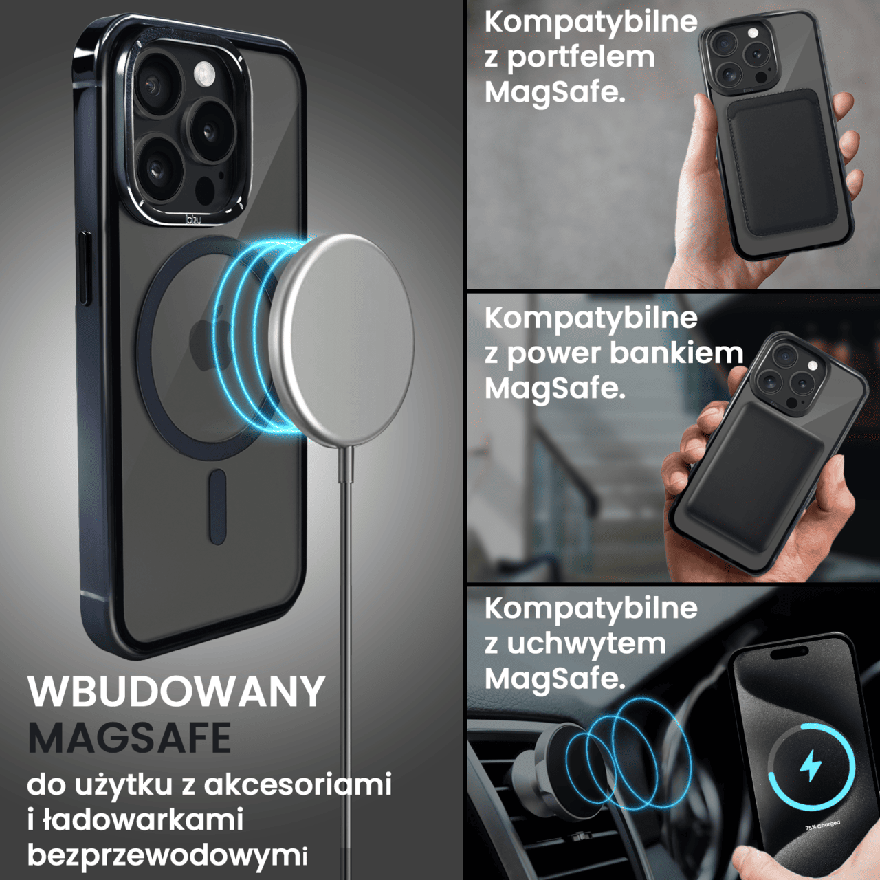 Etui do iPhone 15 Pro Max, Ibizu Elite Skin Cam Ring, krystalicznie czyste z metalową ramką, czarne z Magsafe