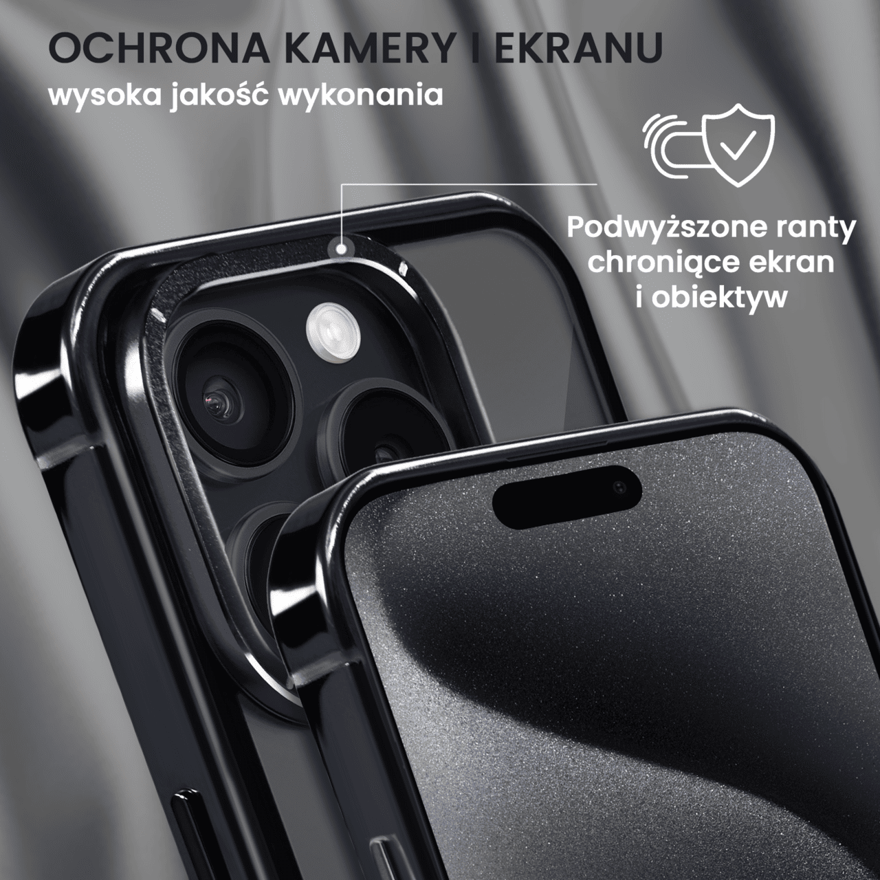 Etui do iPhone 15 Pro Max, Ibizu Elite Skin Cam Ring, krystalicznie czyste z metalową ramką, czarne z Magsafe