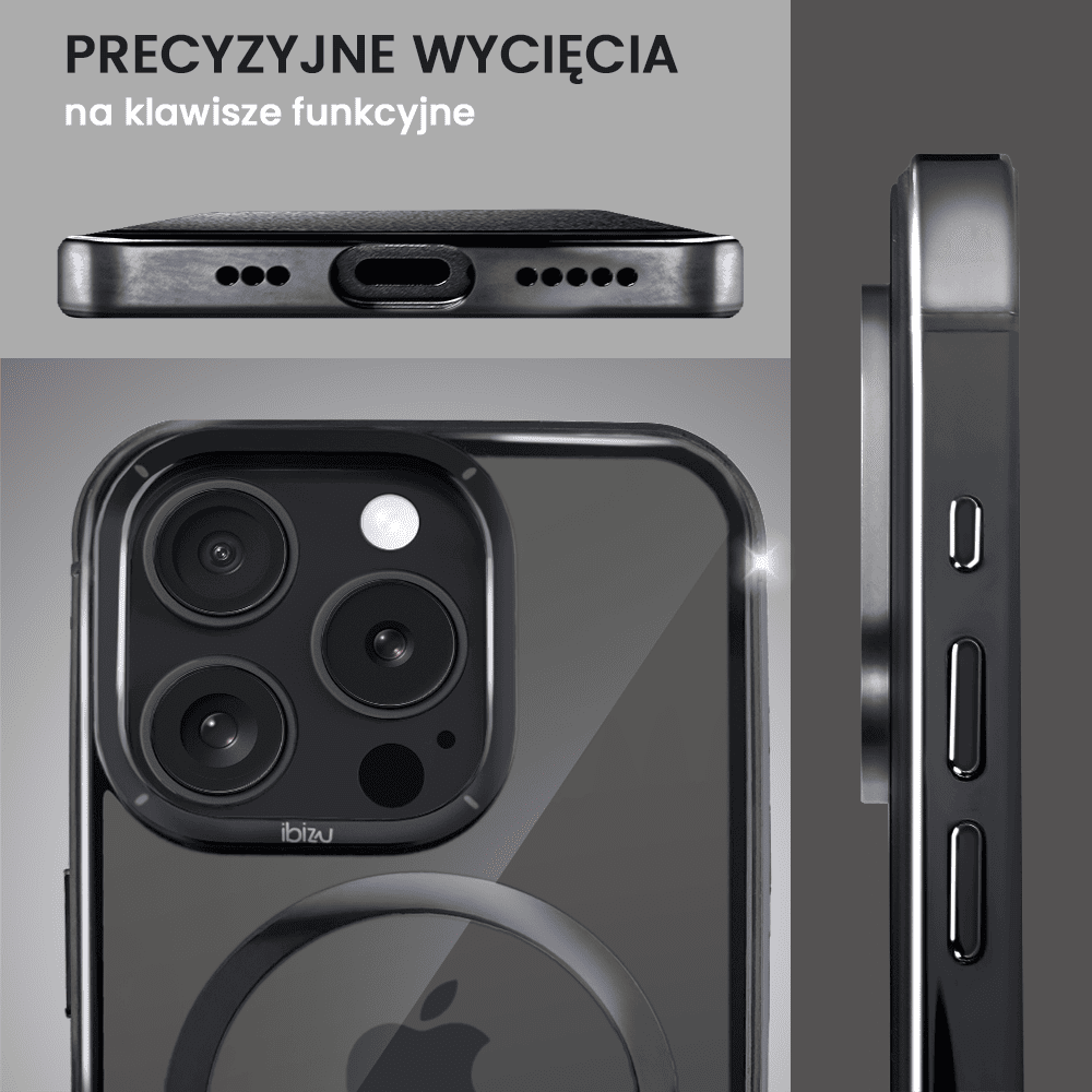 Etui do iPhone 15 Pro Max, Ibizu Elite Skin Cam Ring, krystalicznie czyste z metalową ramką, czarne z Magsafe