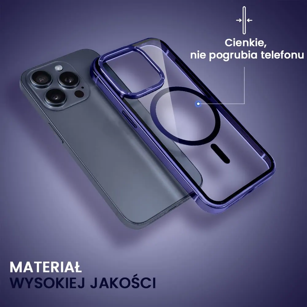 Etui do iPhone 15 Pro Max, Ibizu Elite Skin Cam Ring, krystalicznie czyste z metalową ramką, granatowe z Magsafe