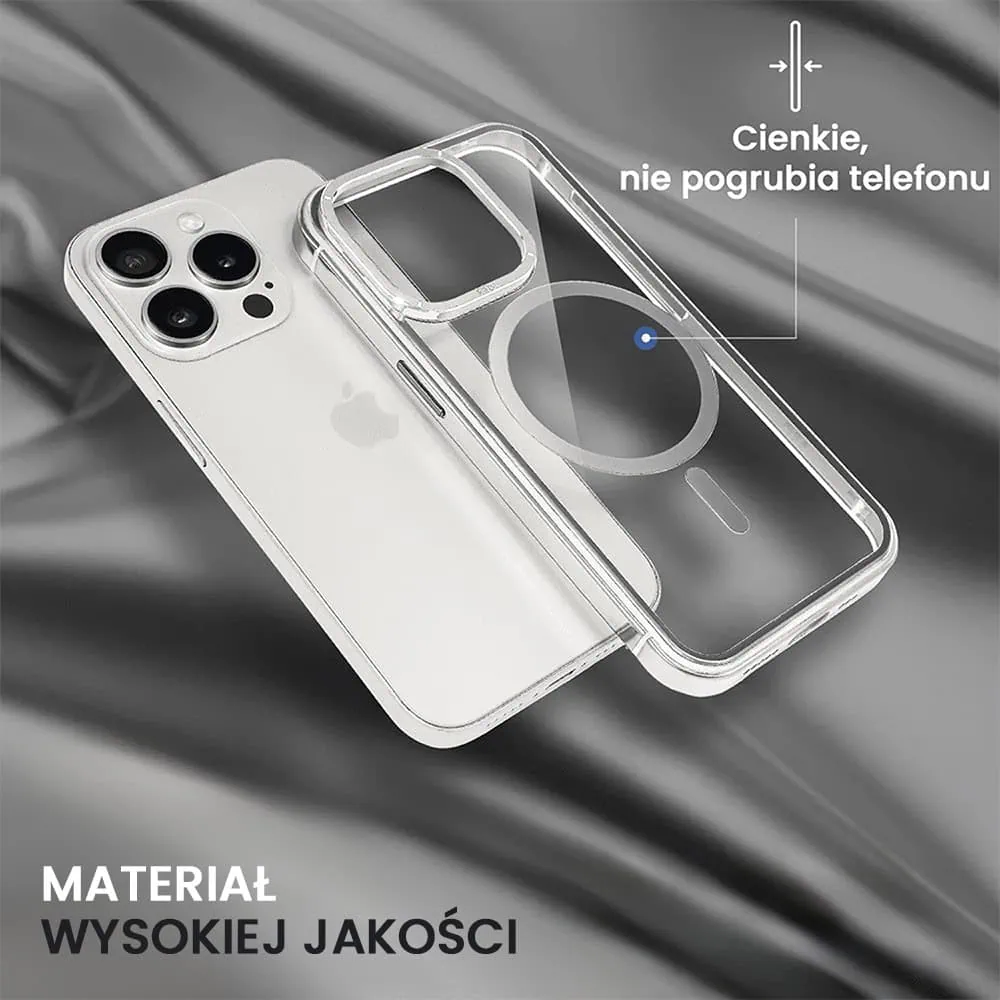 Etui do iPhone 15 Pro Max, Ibizu Elite Skin Cam Ring, krystalicznie czyste z metalową ramką, srebrne z Magsafe