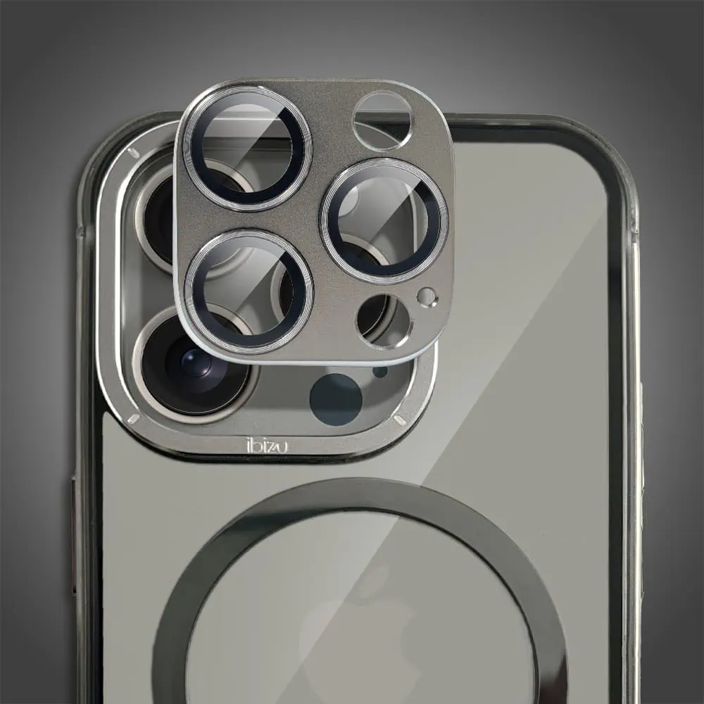 Etui do iPhone 15 Pro Max, Ibizu Elite Skin Cam Ring, krystalicznie czyste z metalową ramką, tytanowe z Magsafe