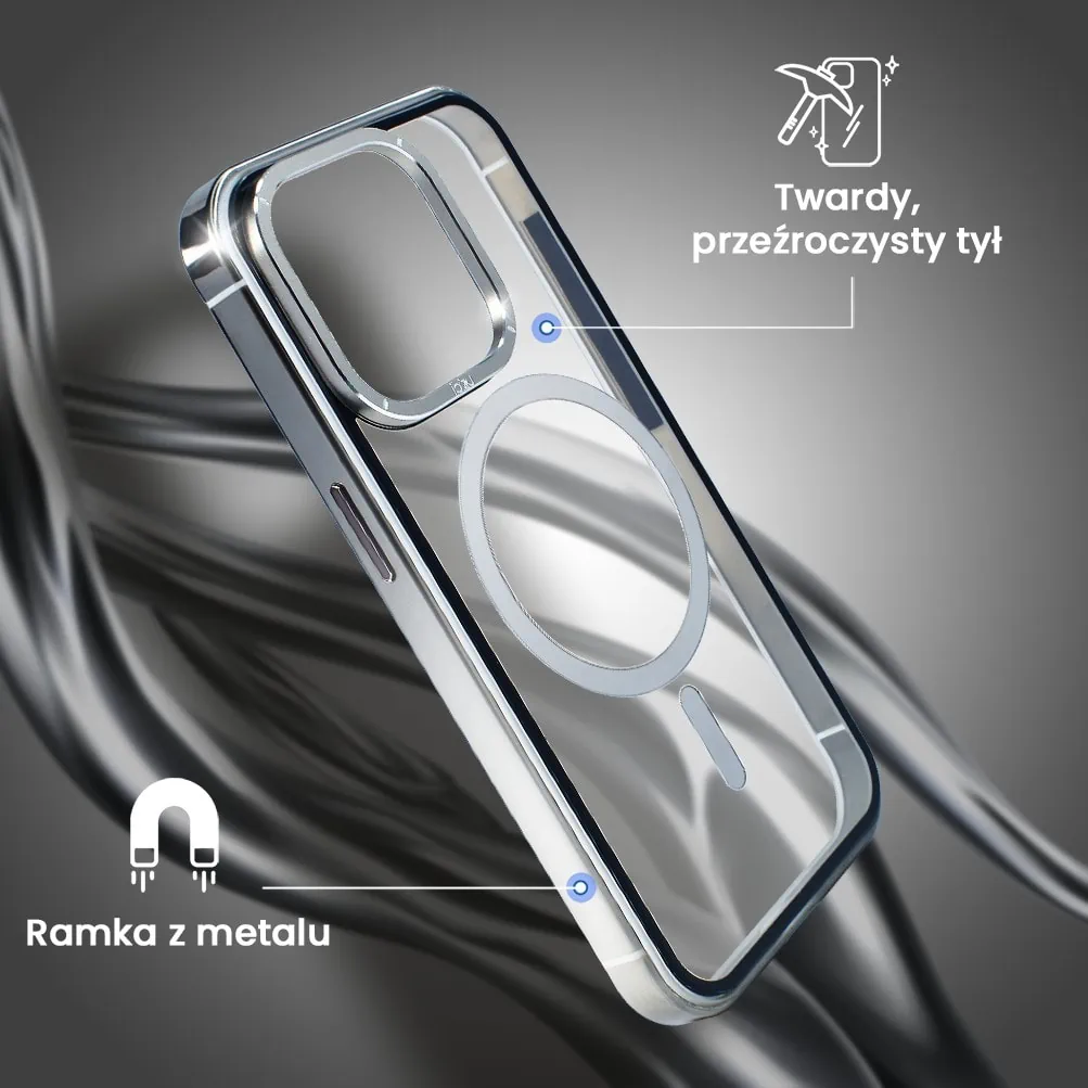Etui do iPhone 15 Pro Max, Ibizu Elite Skin Cam Ring, krystalicznie czyste z metalową ramką, tytanowe z Magsafe