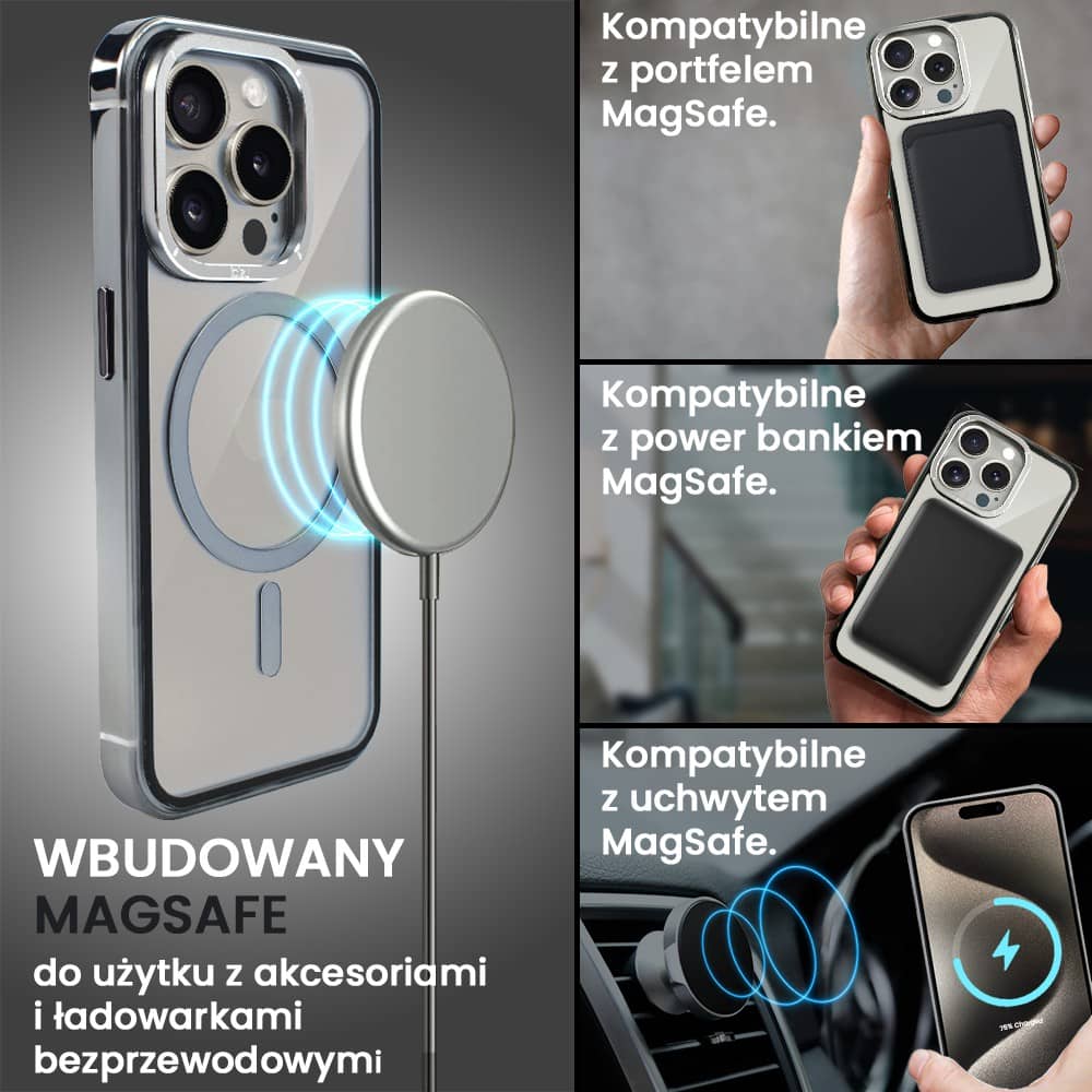 Etui do iPhone 15 Pro Max, Ibizu Elite Skin Cam Ring, krystalicznie czyste z metalową ramką, tytanowe z Magsafe