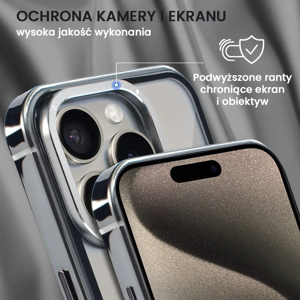 Etui do iPhone 15 Pro Max, Ibizu Elite Skin Cam Ring, krystalicznie czyste z metalową ramką, tytanowe z Magsafe