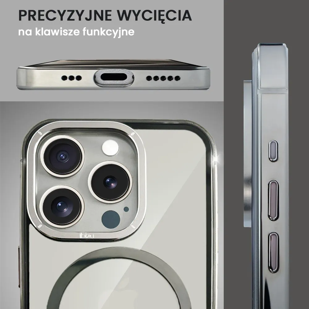 Etui do iPhone 15 Pro Max, Ibizu Elite Skin Cam Ring, krystalicznie czyste z metalową ramką, tytanowe z Magsafe