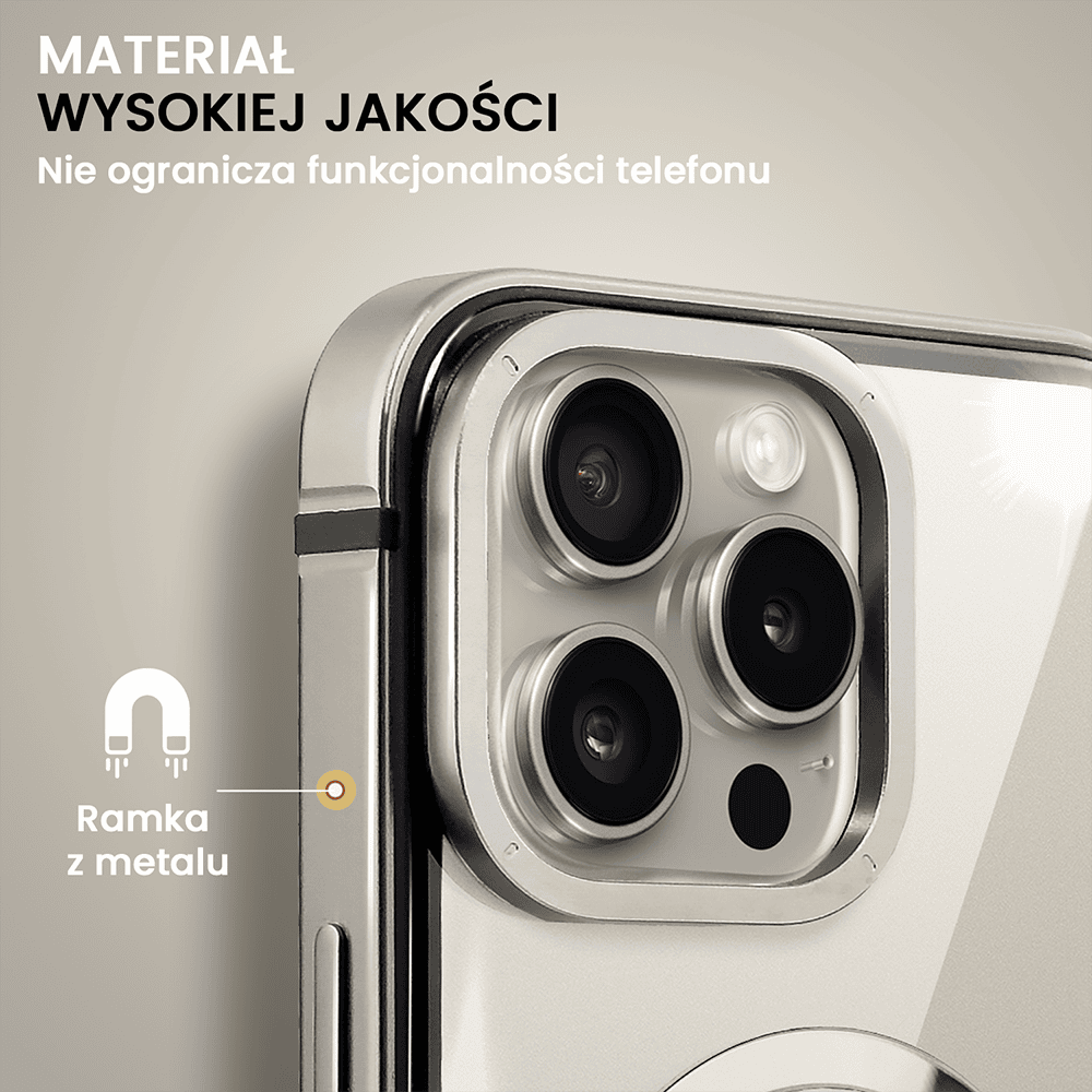 Etui do iPhone 15 Pro Ibizu Elite Skin z MagSafe, krystalicznie czyste z metalową ramką, tytanowe