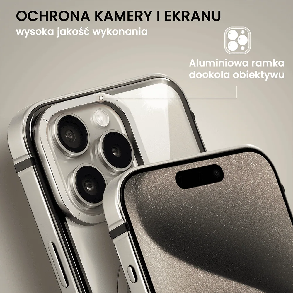 Etui do iPhone 15 Pro Ibizu Elite Skin z MagSafe, krystalicznie czyste z metalową ramką, tytanowe