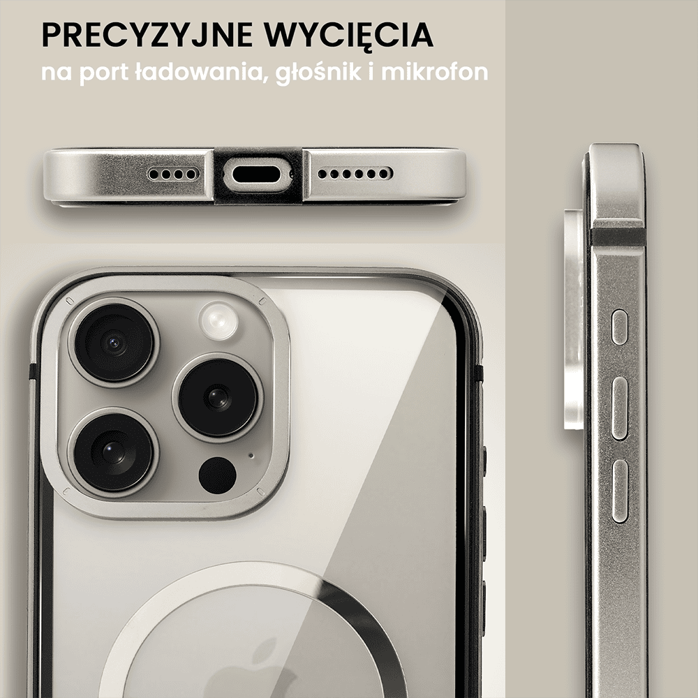 Etui do iPhone 15 Pro Ibizu Elite Skin z MagSafe, krystalicznie czyste z metalową ramką, tytanowe