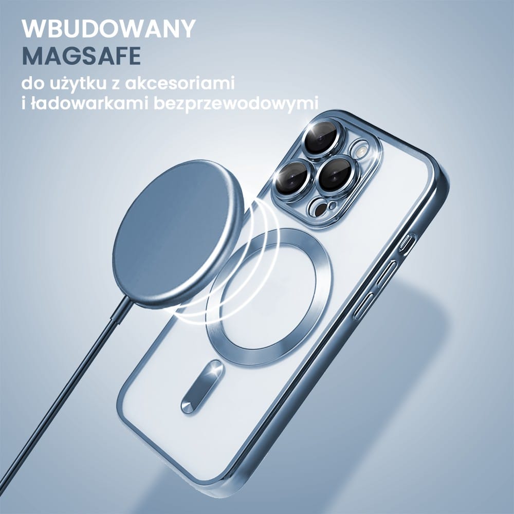 Etui do iPhone 15 Pro MagSafe Luxury Protect przeźroczyste, hybrydowa ochrona kamery, górski błękit