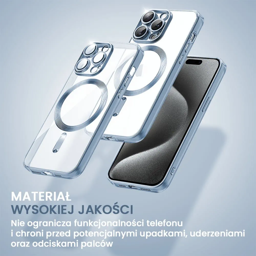 Etui do iPhone 15 Pro MagSafe Luxury Protect przeźroczyste, hybrydowa ochrona kamery, górski błękit