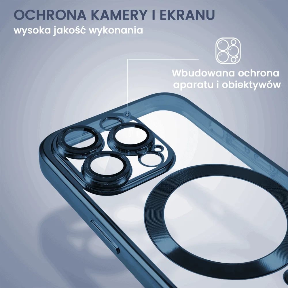 Etui do iPhone 15 Pro MagSafe Luxury Protect przeźroczyste, hybrydowa ochrona kamery, pacyficzny niebieski