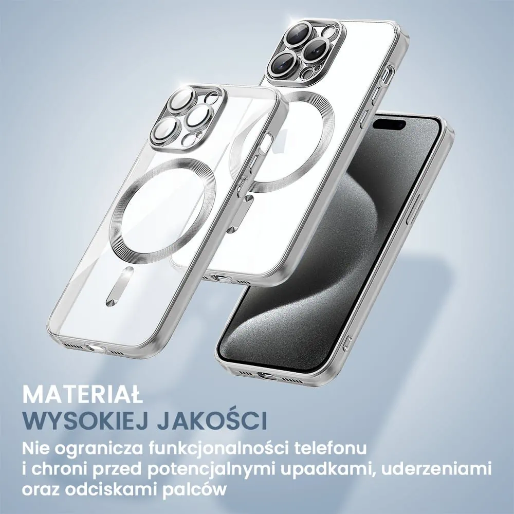 Etui do iPhone 15 Pro MagSafe Luxury Protect przeźroczyste, hybrydowa ochrona kamery, srebrne (OUTLET)
