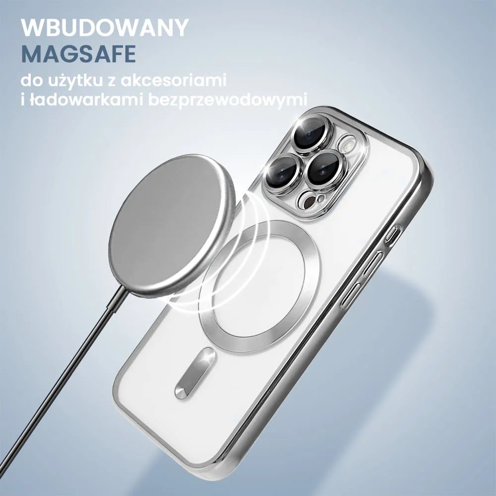 Etui do iPhone 15 Pro MagSafe Luxury Protect przeźroczyste, hybrydowa ochrona kamery, srebrne (OUTLET)