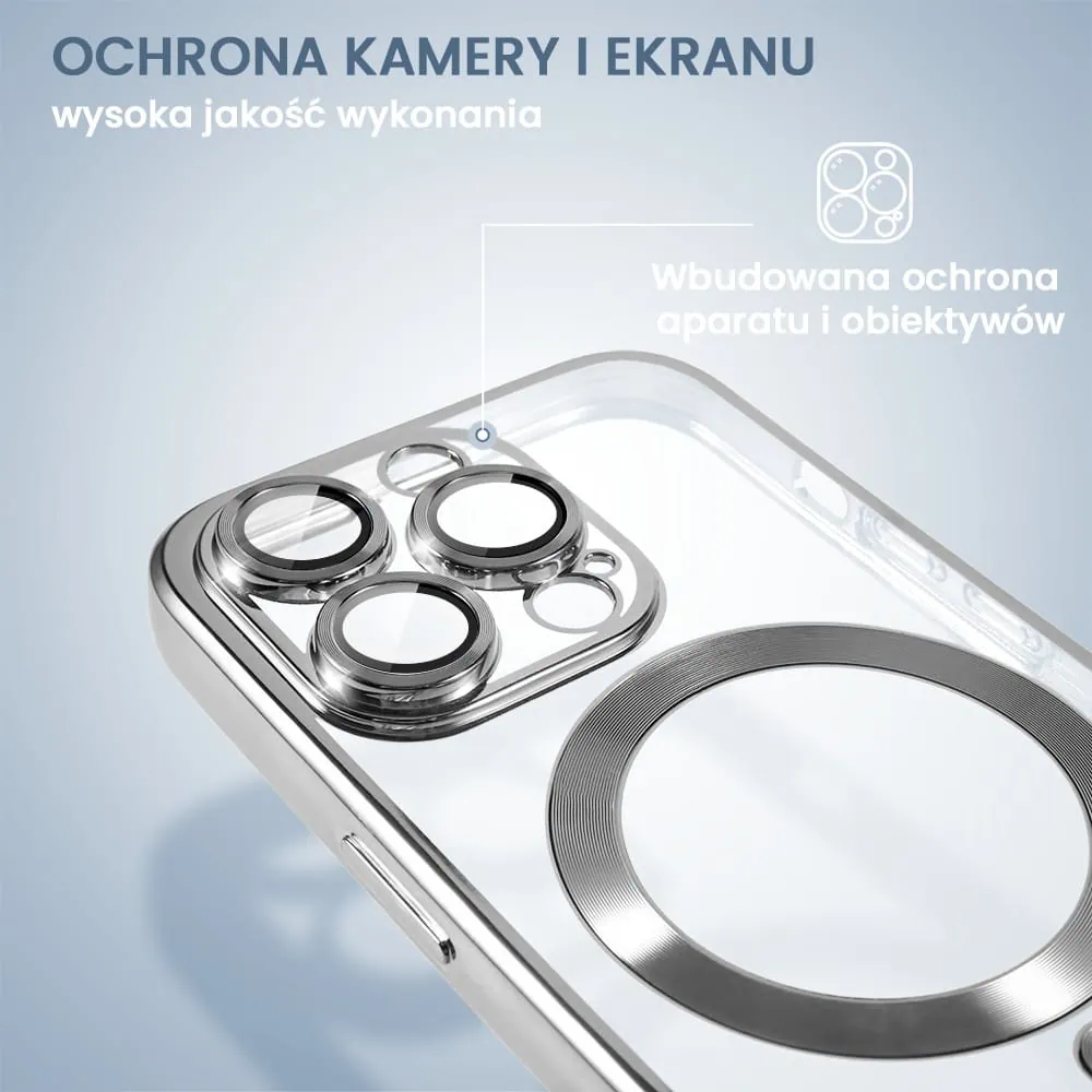 Etui do iPhone 15 Pro MagSafe Luxury Protect przeźroczyste, hybrydowa ochrona kamery, srebrne (OUTLET)