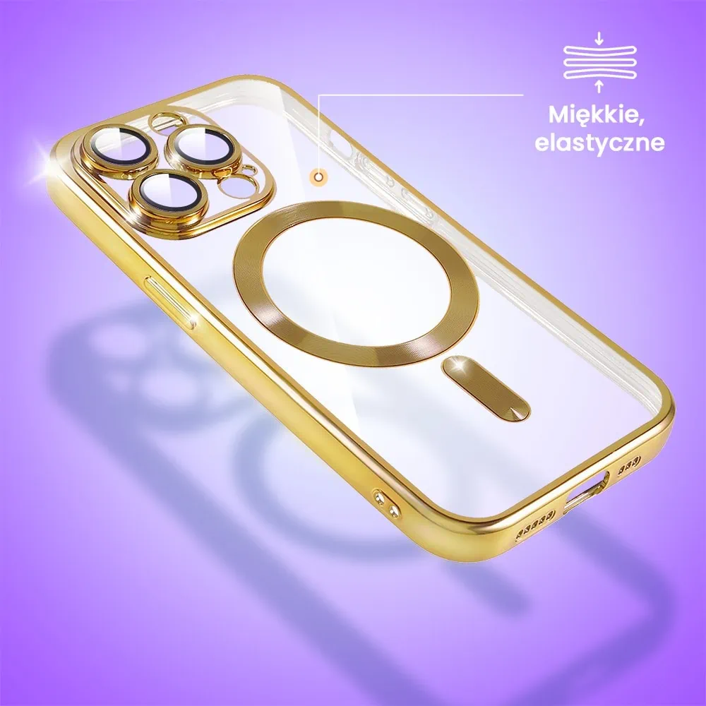 Etui do iPhone 15 Pro Max MagSafe Luxury Protect przeźroczyste, hybrydowa ochrona kamery, złote