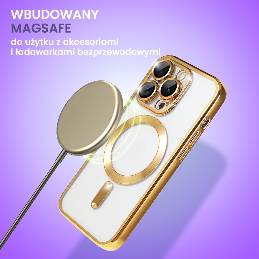 Etui do iPhone 15 Pro Max MagSafe Luxury Protect przeźroczyste, hybrydowa ochrona kamery, złote