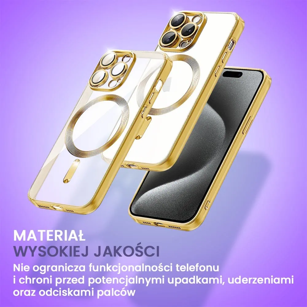 Etui do iPhone 15 Pro Max MagSafe Luxury Protect przeźroczyste, hybrydowa ochrona kamery, złote