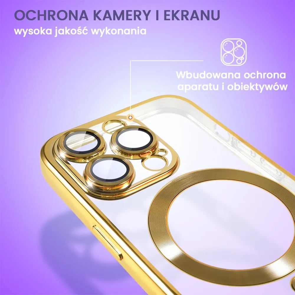 Etui do iPhone 15 Pro Max MagSafe Luxury Protect przeźroczyste, hybrydowa ochrona kamery, złote