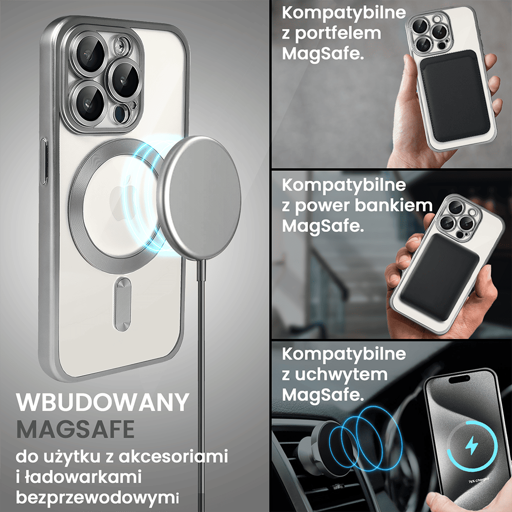 Etui do iPhone 15 Pro MagSafe Luxury Protect przeźroczyste, z osłoną aparatu, Titanium Finish, srebrny tytan