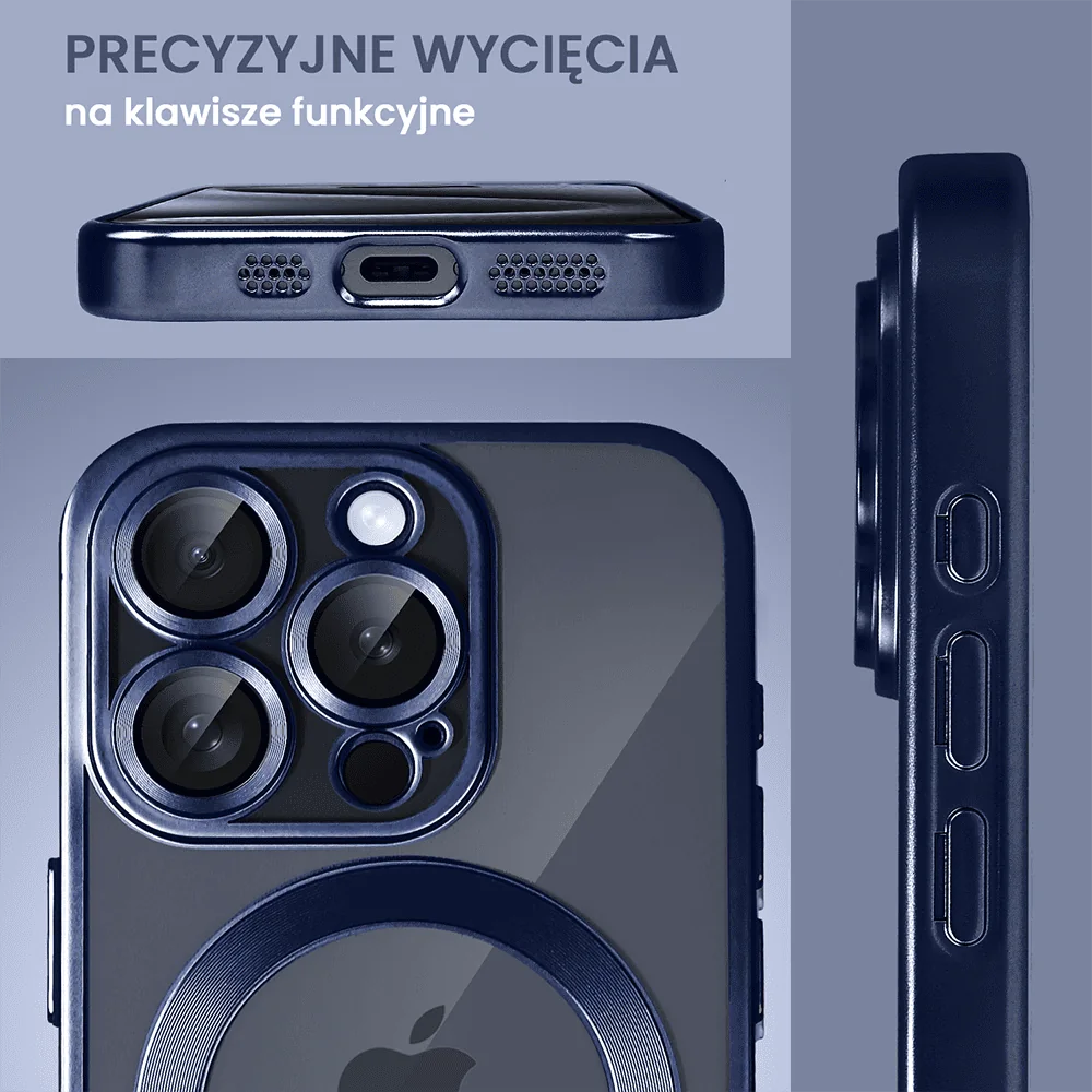 Etui do iPhone 15 Pro Max MagSafe Luxury Protect przeźroczyste, z osłoną aparatu, Titanium Finish, tytan błękitny