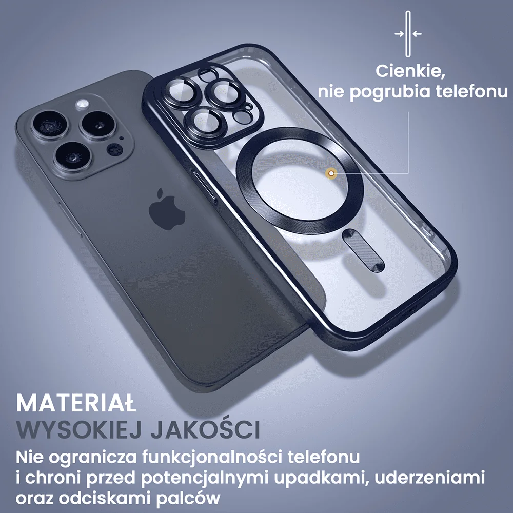 Etui do iPhone 15 Pro Max MagSafe Luxury Protect przeźroczyste, z osłoną aparatu, Titanium Finish, tytan błękitny