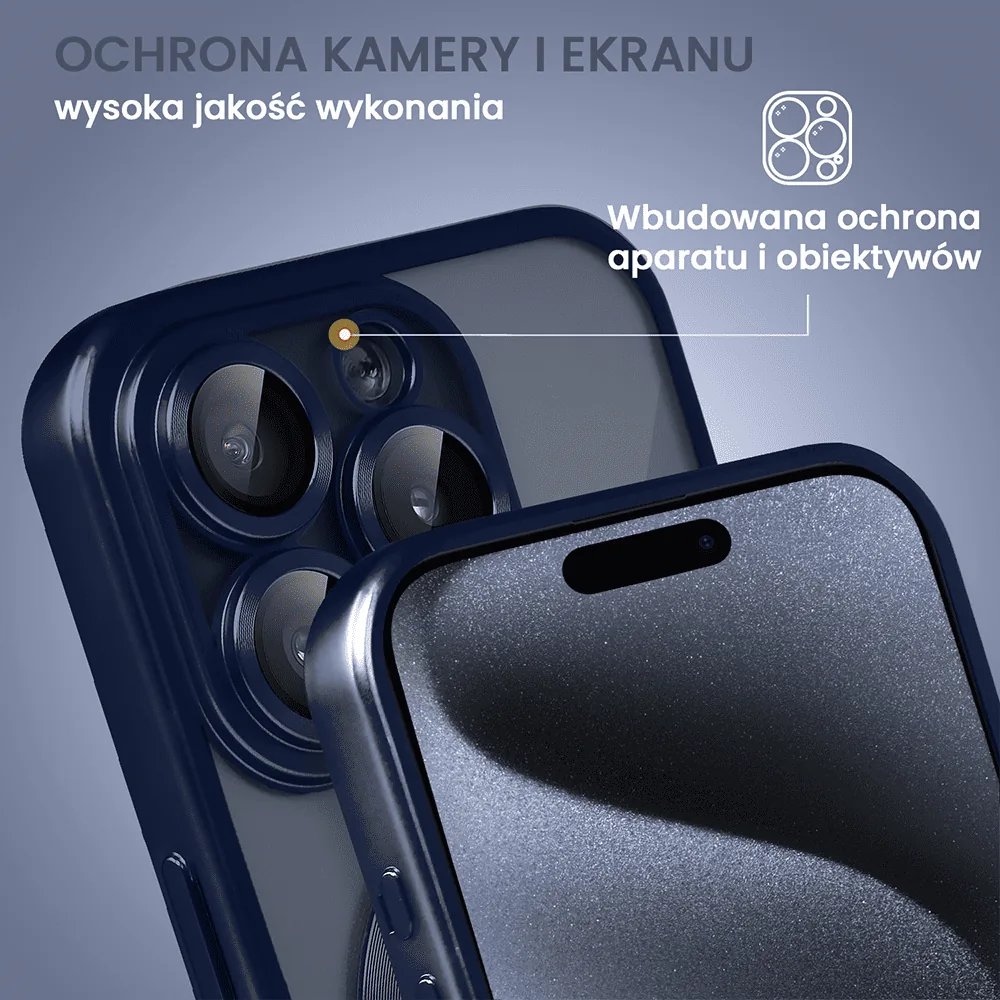 Etui do iPhone 15 Pro Max MagSafe Luxury Protect przeźroczyste, z osłoną aparatu, Titanium Finish, tytan błękitny