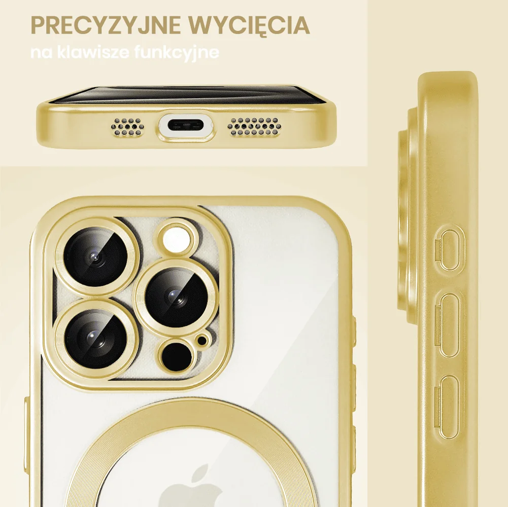Etui do iPhone 15 Pro Max MagSafe Luxury Protect przeźroczyste, z osłoną aparatu, Titanium Finish, złoty tytan