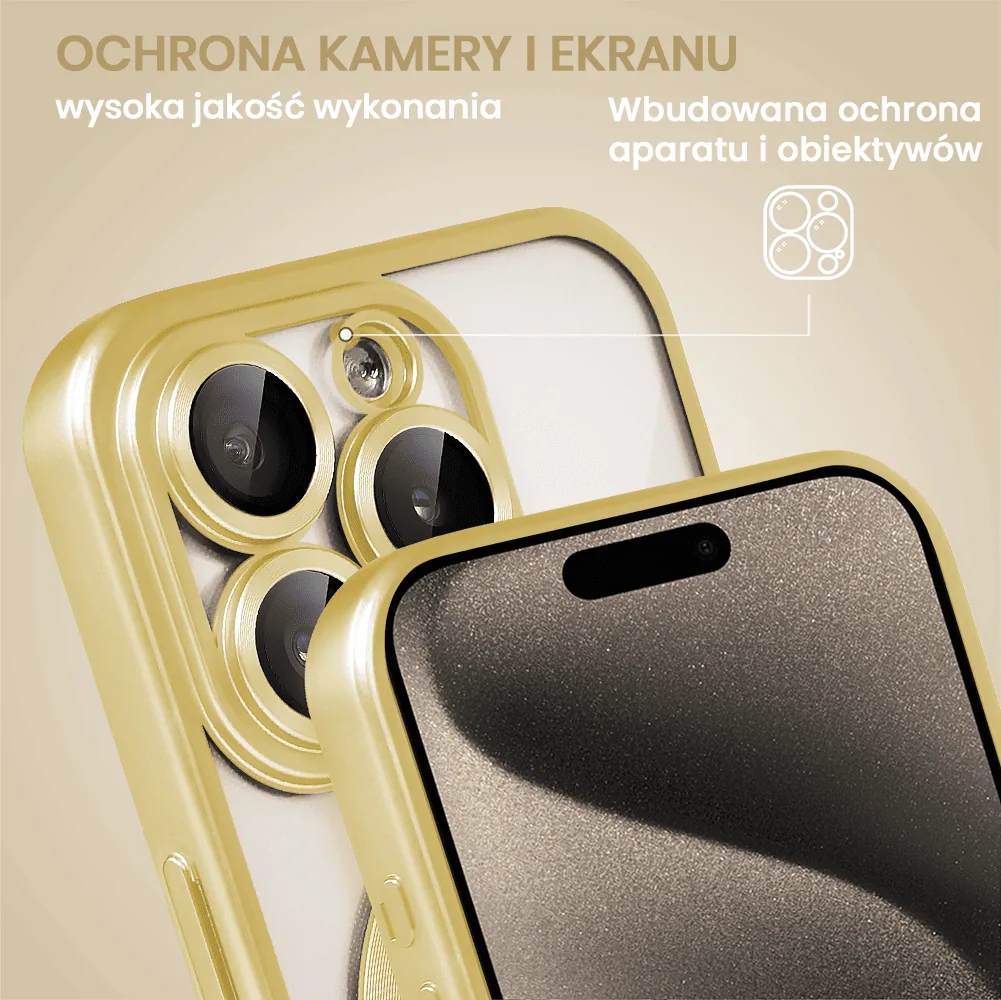 Etui do iPhone 15 Pro Max MagSafe Luxury Protect przeźroczyste, z osłoną aparatu, Titanium Finish, złoty tytan
