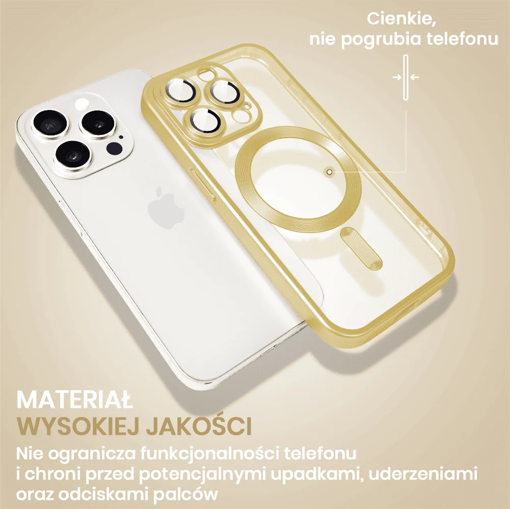 Etui do iPhone 15 Pro Max MagSafe Luxury Protect przeźroczyste, z osłoną aparatu, Titanium Finish, złoty tytan