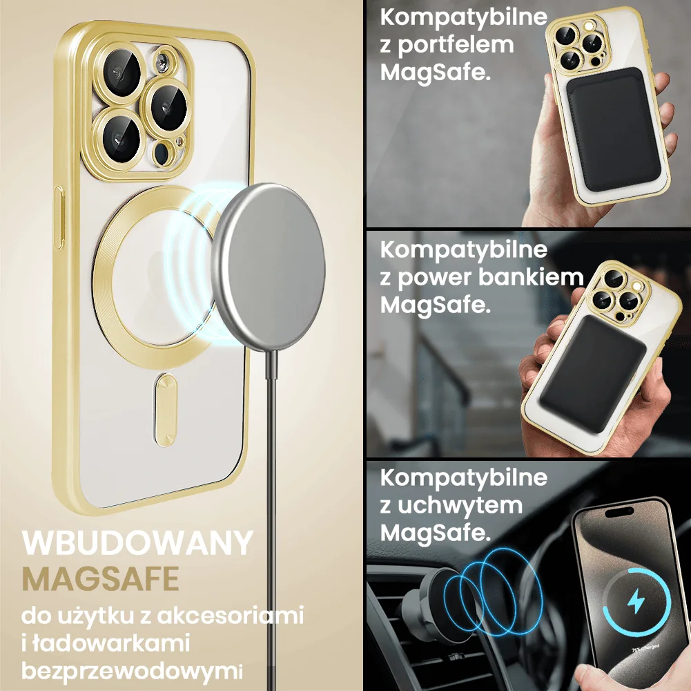 Etui do iPhone 15 Pro Max MagSafe Luxury Protect przeźroczyste, z osłoną aparatu, Titanium Finish, złoty tytan