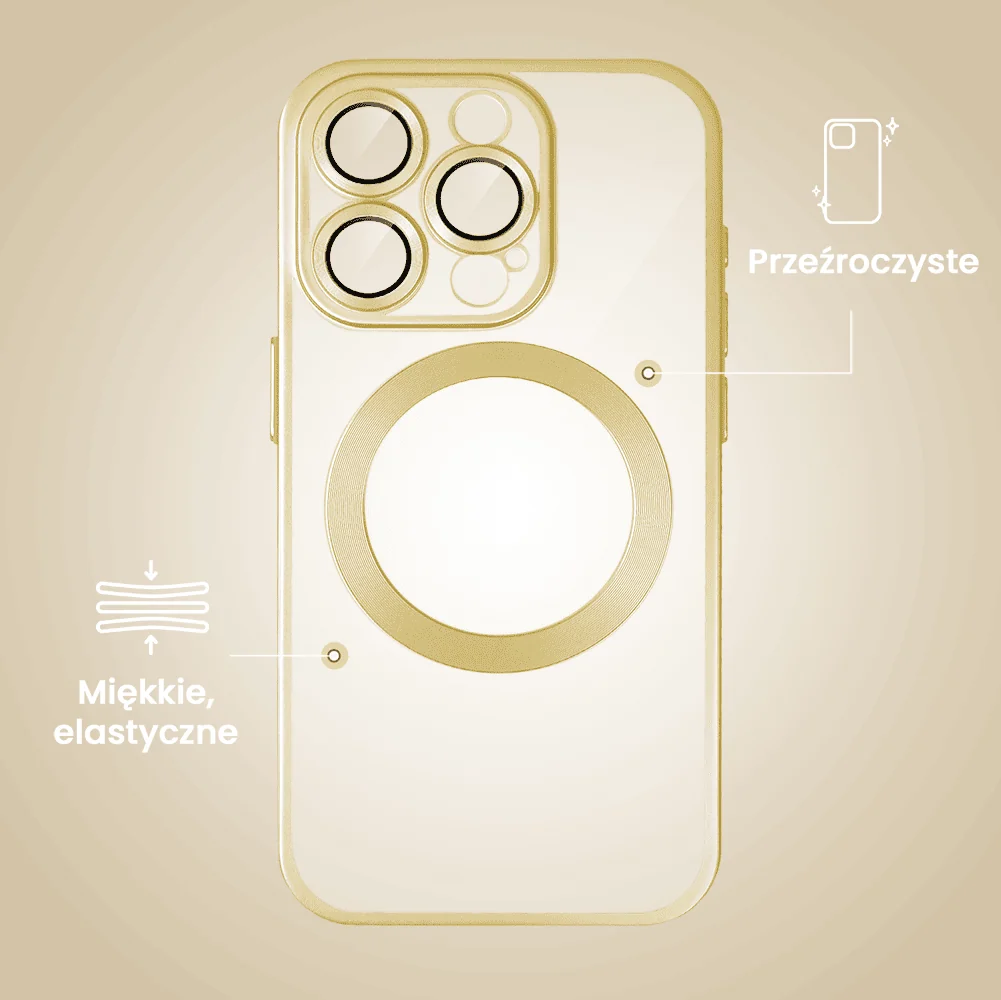 Etui do iPhone 15 Pro Max MagSafe Luxury Protect przeźroczyste, z osłoną aparatu, Titanium Finish, złoty tytan