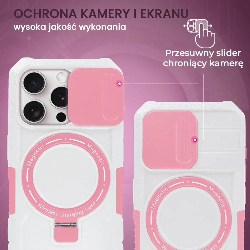 Etui do iPhone 15 Pro Max MagSafe Slide Camera Stand pancerne, osłona kamery z podstawką, biało-różowe