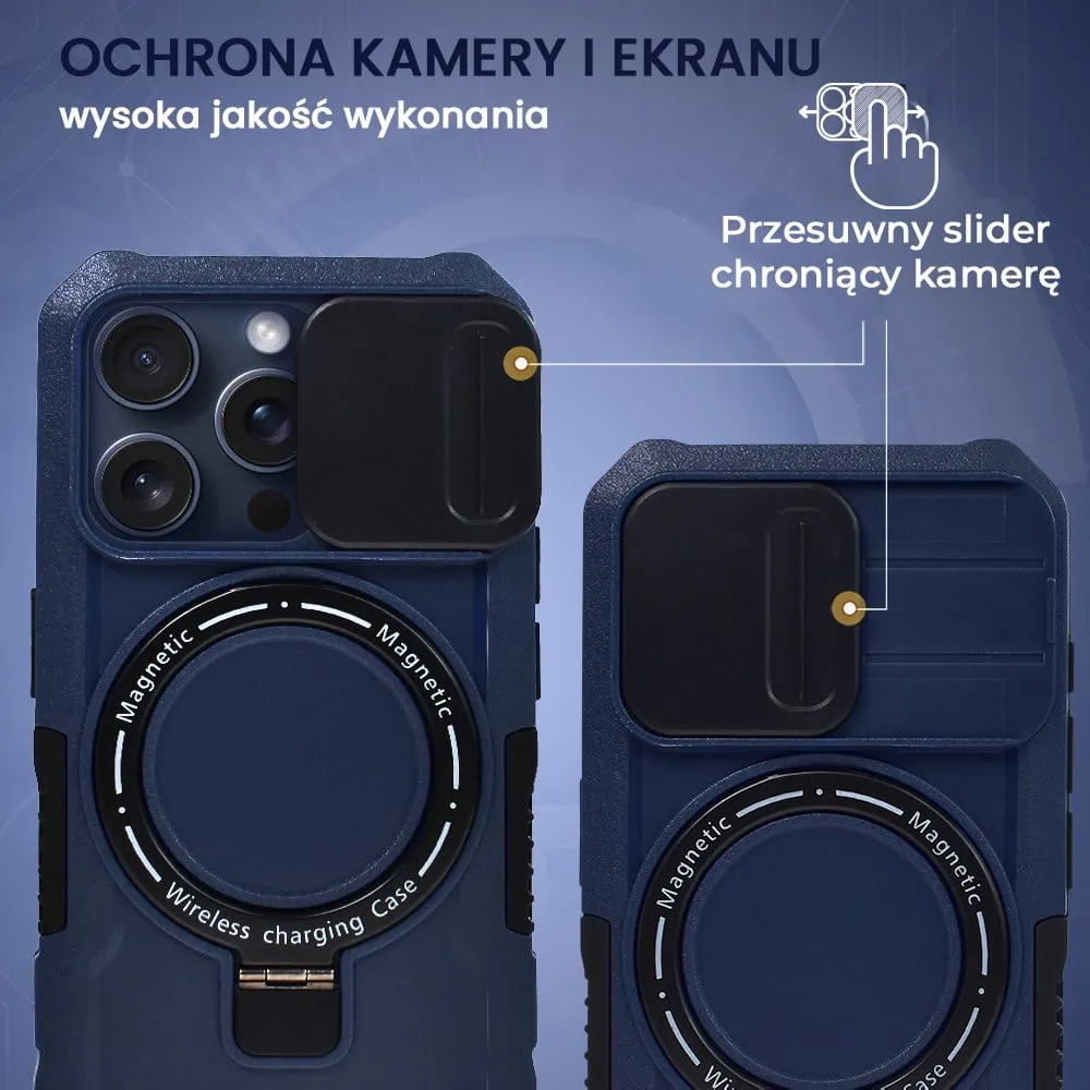 Etui do iPhone 15 Pro MagSafe Slide Camera Stand pancerne, osłona kamery z podstawką, granatowe