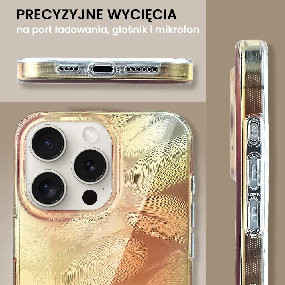 Etui do iPhone 15 Pro Max Magic Feathers 3D, eleganckie piórka, złote