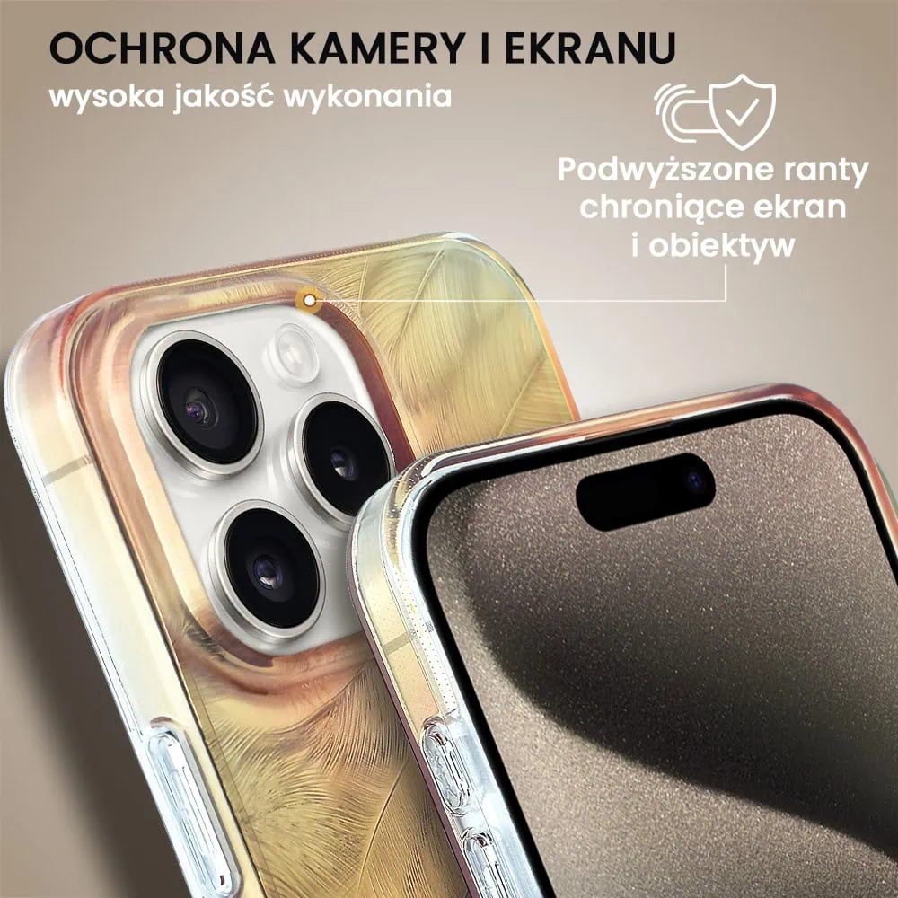 Etui do iPhone 15 Pro Max Magic Feathers 3D, eleganckie piórka, złote