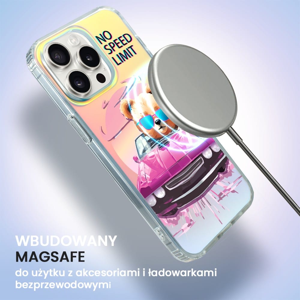 Etui do iPhone 15 Pro MagSafe Bear With Me, Pink Car, różowy samochód, zmieniające kolor