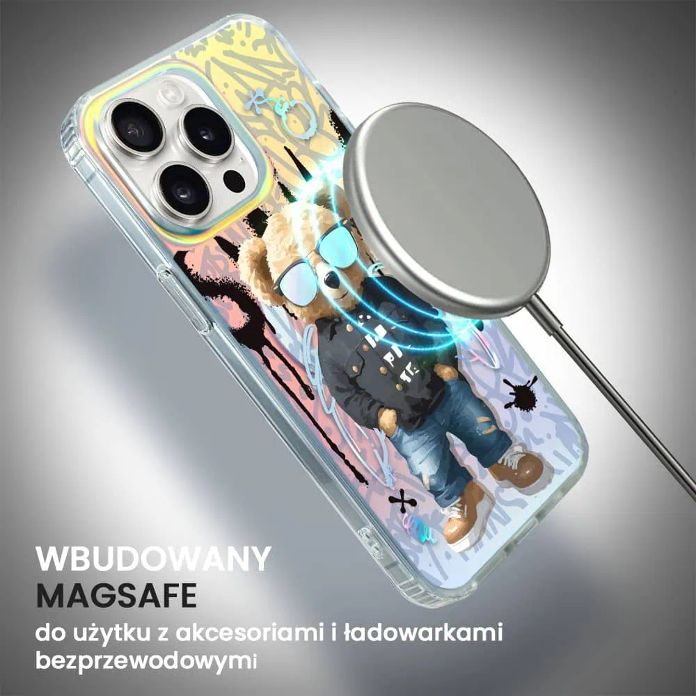 Etui do iPhone 15 Pro Max MagSafe Bear With Me, Graffiti Boy, artystyczny miś, zmieniające kolor