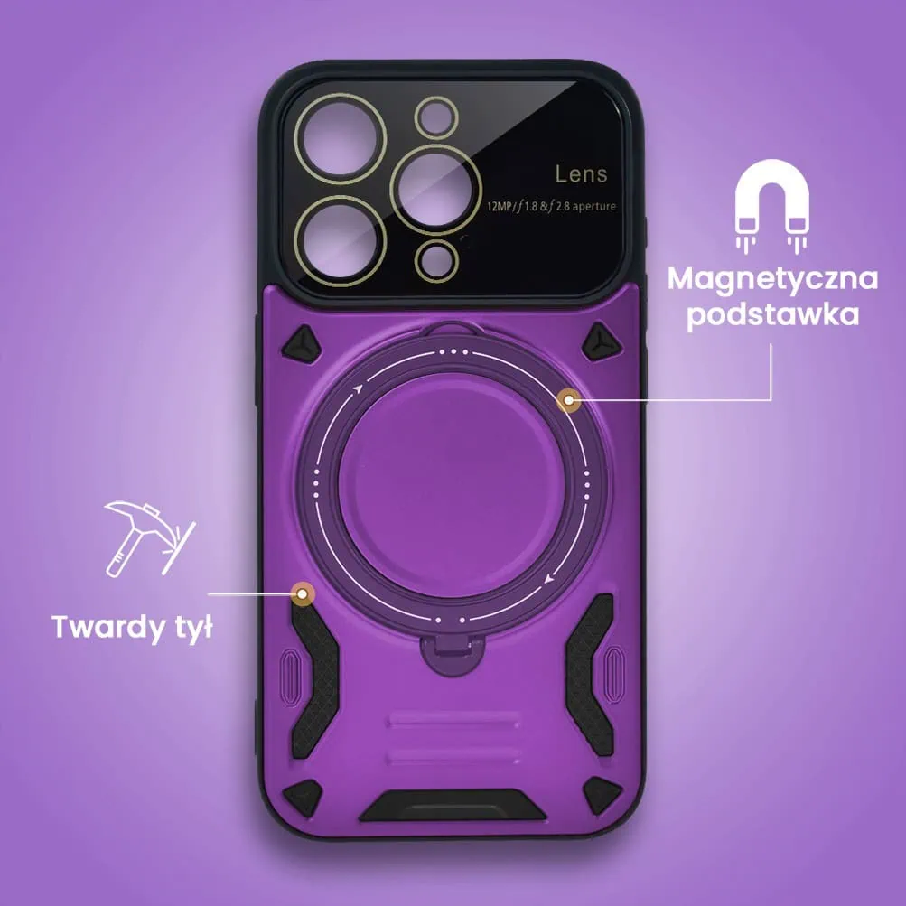 Etui do iPhone 15 Pro Max Magsafe Camera Beam Stand pancerne, osłona kamery z podstawką, fioletowe