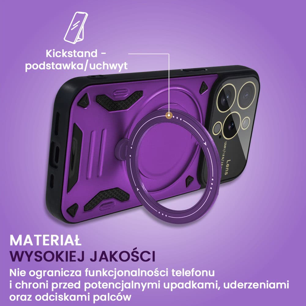 Etui do iPhone 15 Pro Max Magsafe Camera Beam Stand pancerne, osłona kamery z podstawką, fioletowe