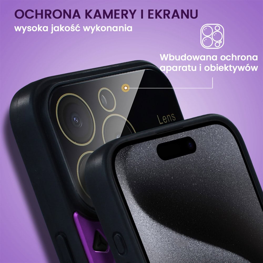 Etui do iPhone 15 Pro Max Magsafe Camera Beam Stand pancerne, osłona kamery z podstawką, fioletowe
