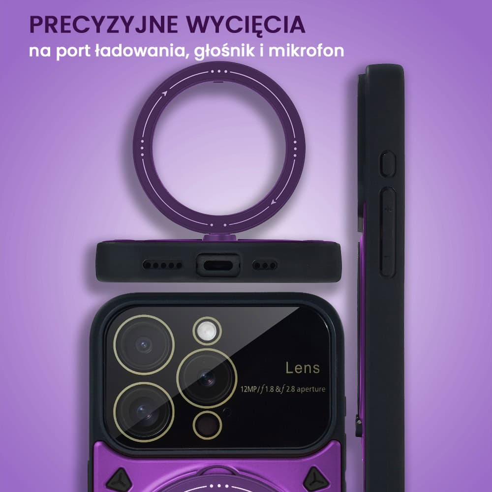 Etui do iPhone 15 Pro Max Magsafe Camera Beam Stand pancerne, osłona kamery z podstawką, fioletowe