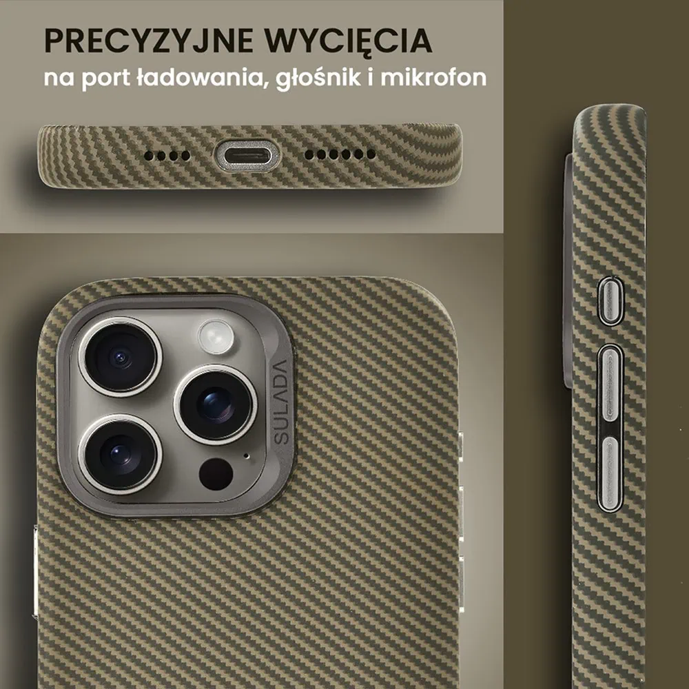 Etui do iPhone 15 Pro Max, Magsafe Carbon Skin, cienkie, karbonowe, Sulada original, brązowe